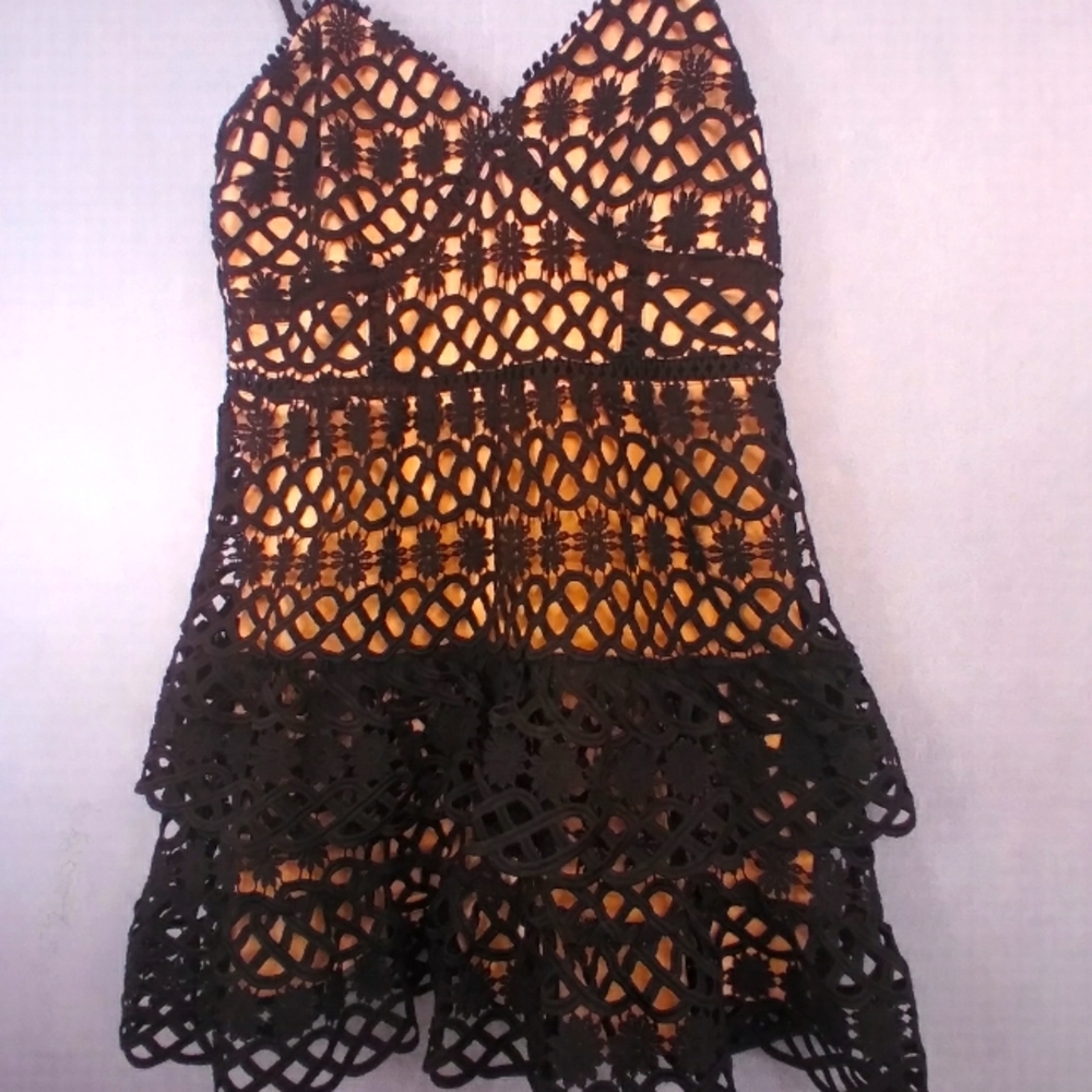 Elegant Black Lace Tiered Mini Dress with Nude Lining Spaghetti Straps Cocktail